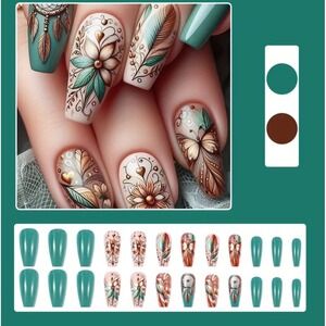 Boho Dreamcatcher Feather Press On Nails 24pc Teal Bronze Floral Coffin Shape